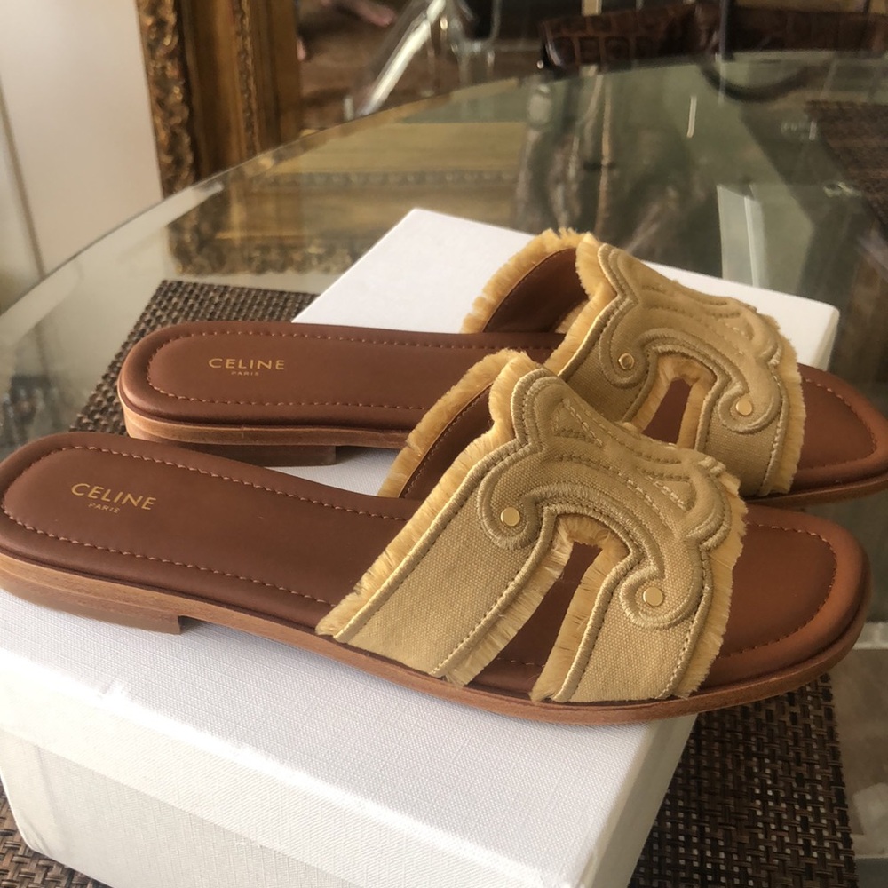 Celine Beige Raffia Slide Sandals size 38 - Picture 3 of 9